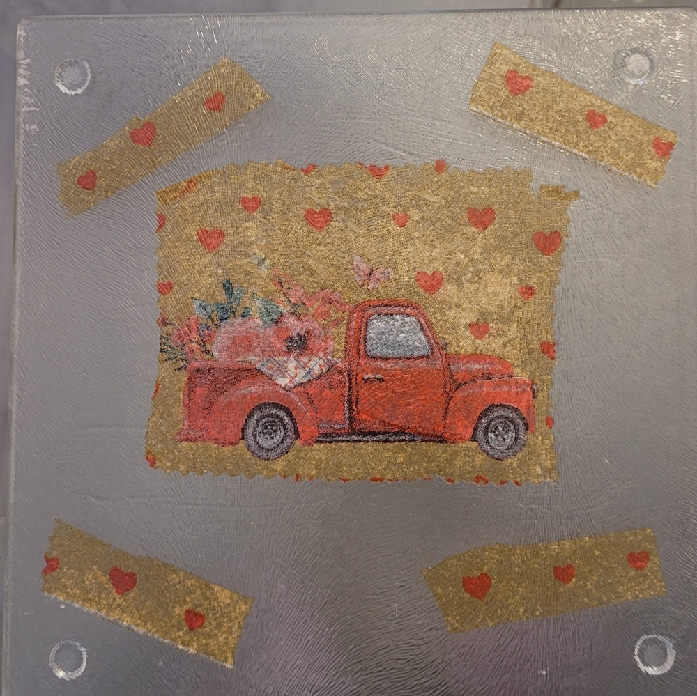 New Handmade Square, Trivet With A Red Truck And Hearts. Perfect For ❣️ Day.